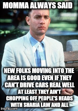 Chinese are moving into my area driving up house prices. | MOMMA ALWAYS SAID; NEW FOLKS MOVING INTO THE AREA IS GOOD EVEN IF THEY CAN'T DRIVE CARS REAL WELL; AT LEAST THEY AIN'T CHOPPING OFF PEOPLE'S HEADS WITH SHARIA LAW AND ALL | image tagged in forrest gump,sharia law,chinese | made w/ Imgflip meme maker