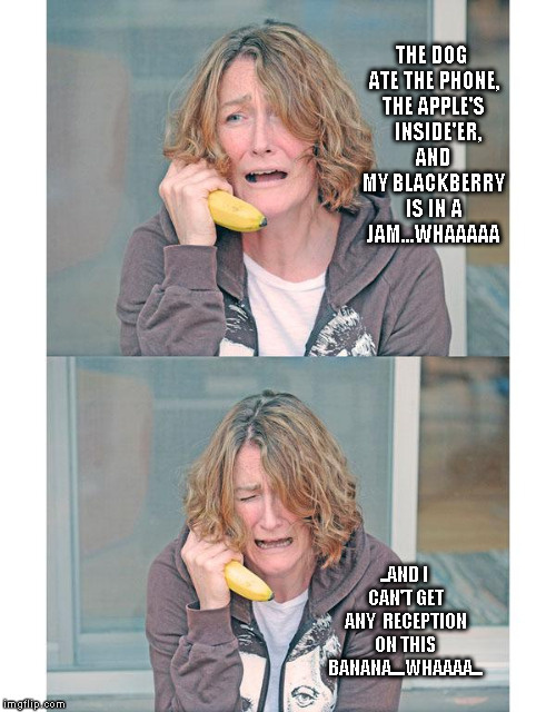 Bad news banana phone | THE DOG ATE THE PHONE, THE APPLE'S   INSIDE'ER, AND MY BLACKBERRY IS IN A JAM...WHAAAAA; ..AND I CAN'T GET ANY  RECEPTION ON THIS BANANA....WHAAAA... | image tagged in bad news banana phone | made w/ Imgflip meme maker