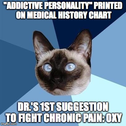Chronic illness cat | "ADDICTIVE PERSONALITY" PRINTED ON MEDICAL HISTORY CHART; DR.'S 1ST SUGGESTION TO FIGHT CHRONIC PAIN: OXY | image tagged in chronic illness cat | made w/ Imgflip meme maker