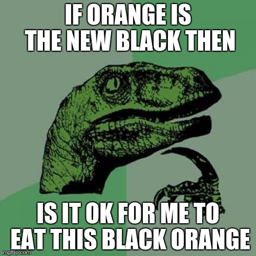 Philosoraptor | IF ORANGE IS THE NEW BLACK THEN; IS IT OK FOR ME TO EAT THIS BLACK ORANGE | image tagged in memes,philosoraptor | made w/ Imgflip meme maker