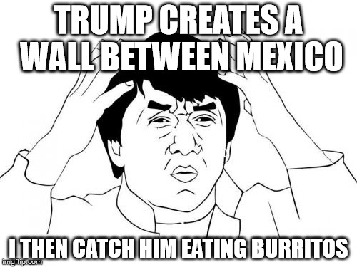 Jackie Chan WTF | TRUMP CREATES A WALL BETWEEN MEXICO; I THEN CATCH HIM EATING BURRITOS | image tagged in memes,jackie chan wtf | made w/ Imgflip meme maker