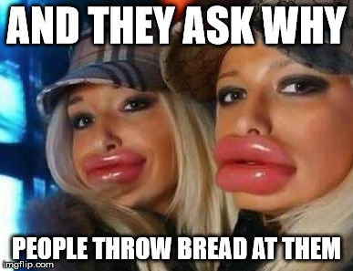 Duck Face Chicks | AND THEY ASK WHY; PEOPLE THROW BREAD AT THEM | image tagged in memes,duck face chicks | made w/ Imgflip meme maker