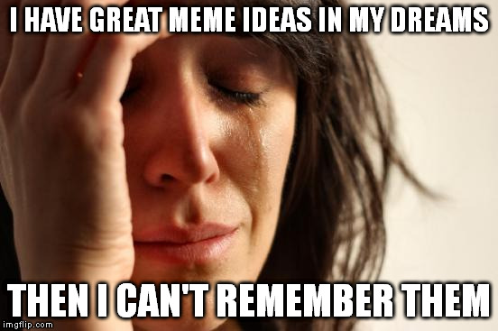 First World Problems Meme | I HAVE GREAT MEME IDEAS IN MY DREAMS THEN I CAN'T REMEMBER THEM | image tagged in memes,first world problems | made w/ Imgflip meme maker