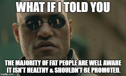 Matrix Morpheus Meme | WHAT IF I TOLD YOU; THE MAJORITY OF FAT PEOPLE ARE WELL AWARE IT ISN'T HEALTHY & SHOULDN'T BE PROMOTED. | image tagged in memes,matrix morpheus,AdviceAnimals | made w/ Imgflip meme maker
