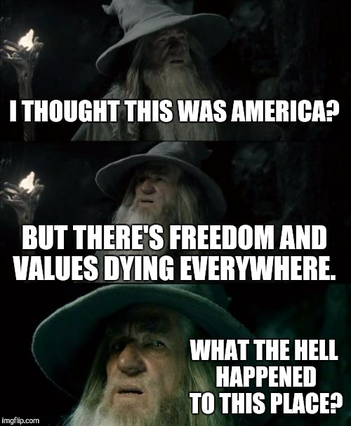Confused Gandalf | I THOUGHT THIS WAS AMERICA? BUT THERE'S FREEDOM AND VALUES DYING EVERYWHERE. WHAT THE HELL HAPPENED TO THIS PLACE? | image tagged in memes,confused gandalf | made w/ Imgflip meme maker