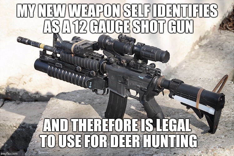 MY NEW WEAPON SELF IDENTIFIES AS A 12 GAUGE SHOT GUN; AND THEREFORE IS LEGAL TO USE FOR DEER HUNTING | image tagged in hunting,self identify,guns,deer,ar-15 | made w/ Imgflip meme maker