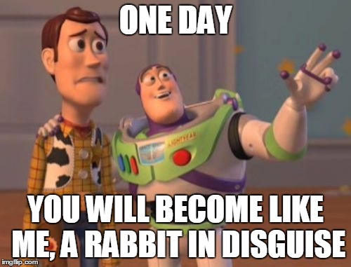 X, X Everywhere Meme | ONE DAY; YOU WILL BECOME LIKE ME, A RABBIT IN DISGUISE | image tagged in memes,x x everywhere | made w/ Imgflip meme maker