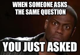 Kevin Hart | WHEN SOMEONE ASKS THE SAME QUESTION; YOU JUST ASKED | image tagged in memes,kevin hart the hell | made w/ Imgflip meme maker