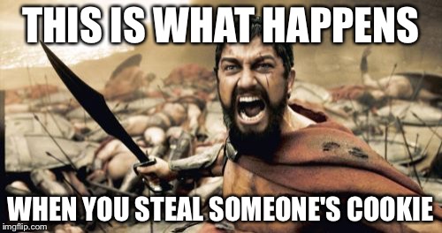 Sparta Leonidas | THIS IS WHAT HAPPENS; WHEN YOU STEAL SOMEONE'S COOKIE | image tagged in memes,sparta leonidas | made w/ Imgflip meme maker
