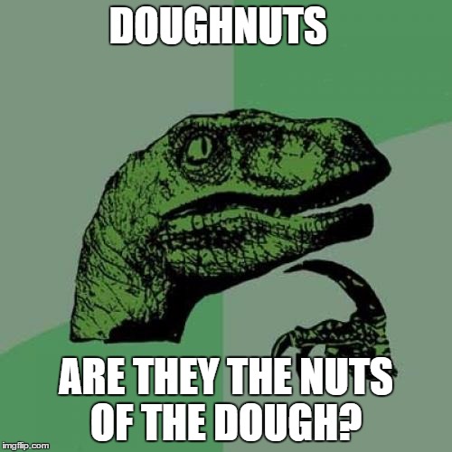 Philosoraptor | DOUGHNUTS; ARE THEY THE NUTS OF THE DOUGH? | image tagged in memes,philosoraptor | made w/ Imgflip meme maker