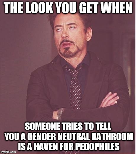 Face You Make Robert Downey Jr Meme | THE LOOK YOU GET WHEN; SOMEONE TRIES TO TELL YOU A GENDER NEUTRAL BATHROOM IS A HAVEN FOR PEDOPHILES | image tagged in memes,face you make robert downey jr | made w/ Imgflip meme maker