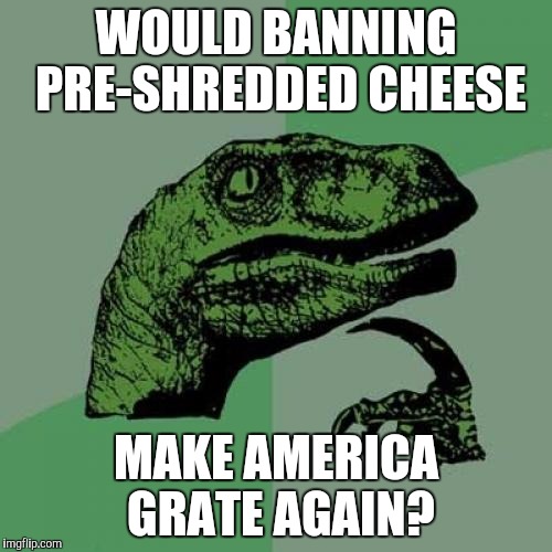 Without A Doubt | WOULD BANNING PRE-SHREDDED CHEESE; MAKE AMERICA GRATE AGAIN? | image tagged in memes,philosoraptor | made w/ Imgflip meme maker