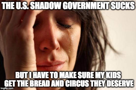 Shadow Government | THE U.S. SHADOW GOVERNMENT SUCKS; BUT I HAVE TO MAKE SURE MY KIDS GET THE BREAD AND CIRCUS THEY DESERVE | image tagged in memes,first world problems,united states,government,rome,bread and circus | made w/ Imgflip meme maker