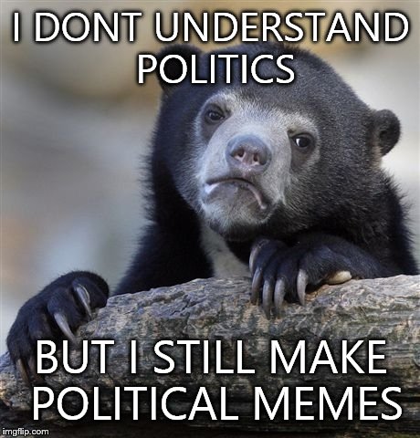 Confession Bear | I DONT UNDERSTAND POLITICS; BUT I STILL MAKE POLITICAL MEMES | image tagged in memes,confession bear | made w/ Imgflip meme maker