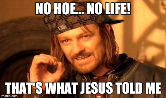 One Does Not Simply | NO HOE... NO LIFE! THAT'S WHAT JESUS TOLD ME | image tagged in memes,one does not simply,scumbag | made w/ Imgflip meme maker