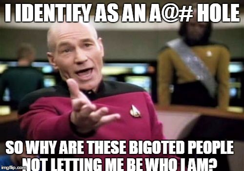 Picard Wtf | I IDENTIFY AS AN A@# HOLE; SO WHY ARE THESE BIGOTED PEOPLE NOT LETTING ME BE WHO I AM? | image tagged in memes,picard wtf | made w/ Imgflip meme maker