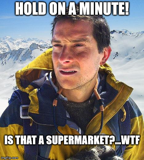 Bear Grylls | HOLD ON A MINUTE! IS THAT A SUPERMARKET?...WTF | image tagged in memes,bear grylls | made w/ Imgflip meme maker
