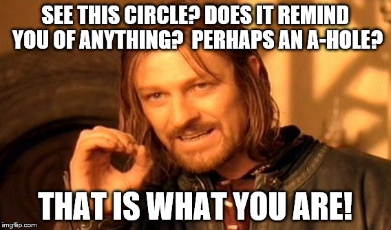 One Does Not Simply | SEE THIS CIRCLE? DOES IT REMIND YOU OF ANYTHING?  PERHAPS AN A-HOLE? THAT IS WHAT YOU ARE! | image tagged in memes,one does not simply | made w/ Imgflip meme maker