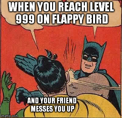 Batman Slapping Robin | WHEN YOU REACH LEVEL 999 ON FLAPPY BIRD; AND YOUR FRIEND MESSES YOU UP | image tagged in memes,batman slapping robin | made w/ Imgflip meme maker