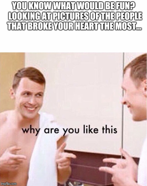 why are you like this | YOU KNOW WHAT WOULD BE FUN? 
LOOKING AT PICTURES OF THE PEOPLE THAT BROKE YOUR HEART THE MOST... | image tagged in why are you like this | made w/ Imgflip meme maker