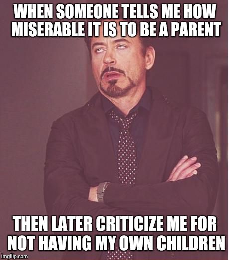 Face You Make Robert Downey Jr | WHEN SOMEONE TELLS ME HOW MISERABLE IT IS TO BE A PARENT; THEN LATER CRITICIZE ME FOR NOT HAVING MY OWN CHILDREN | image tagged in memes,face you make robert downey jr | made w/ Imgflip meme maker