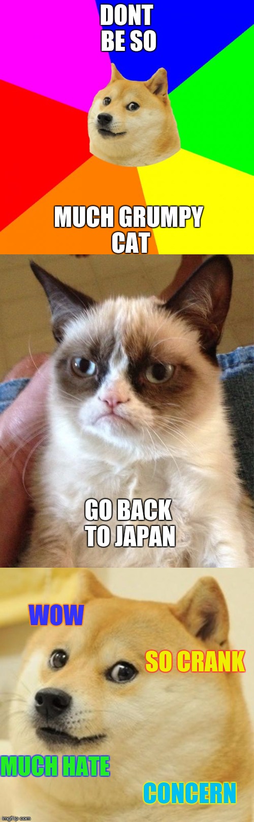 Doge v. Grumpy Cat | DONT BE SO; MUCH GRUMPY CAT; GO BACK TO JAPAN; WOW; SO CRANK; MUCH HATE; CONCERN | image tagged in memes,doge,grumpy cat | made w/ Imgflip meme maker