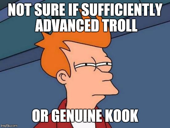 Poe's Law | NOT SURE IF SUFFICIENTLY ADVANCED TROLL; OR GENUINE KOOK | image tagged in memes,futurama fry | made w/ Imgflip meme maker
