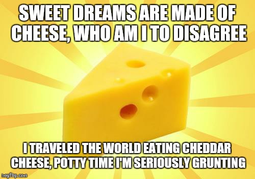 Cheese Time | SWEET DREAMS ARE MADE OF CHEESE, WHO AM I TO DISAGREE; I TRAVELED THE WORLD EATING CHEDDAR CHEESE, POTTY TIME I'M SERIOUSLY GRUNTING | image tagged in cheese time | made w/ Imgflip meme maker