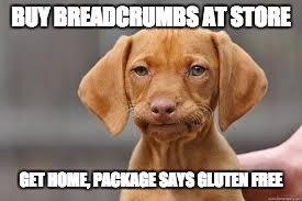Disappointed Dog | BUY BREADCRUMBS AT STORE; GET HOME, PACKAGE SAYS GLUTEN FREE | image tagged in disappointed dog | made w/ Imgflip meme maker