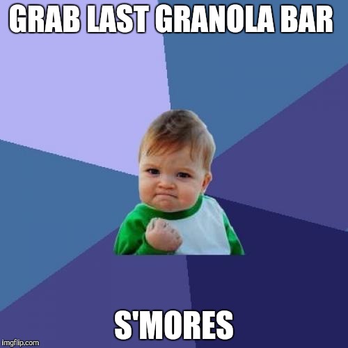 Success Kid Meme | GRAB LAST GRANOLA BAR; S'MORES | image tagged in memes,success kid,AdviceAnimals | made w/ Imgflip meme maker