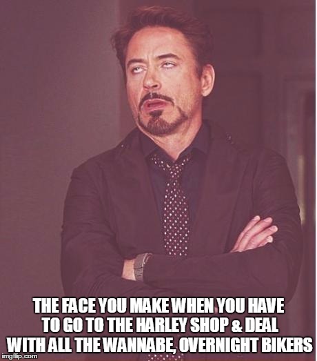 Face You Make Robert Downey Jr | THE FACE YOU MAKE WHEN YOU HAVE TO GO TO THE HARLEY SHOP & DEAL WITH ALL THE WANNABE, OVERNIGHT BIKERS | image tagged in memes,face you make robert downey jr | made w/ Imgflip meme maker