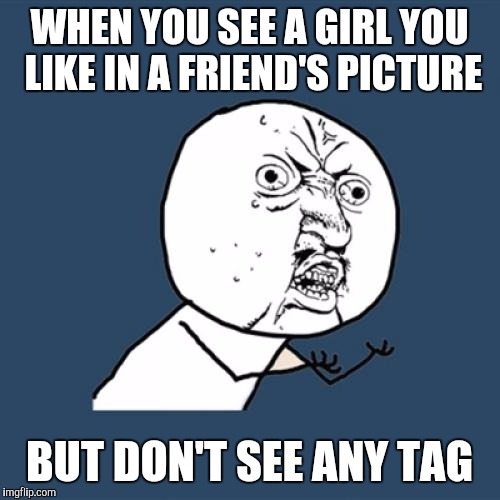 Y U No Meme | WHEN YOU SEE A GIRL YOU LIKE IN A FRIEND'S PICTURE; BUT DON'T SEE ANY TAG | image tagged in memes,y u no | made w/ Imgflip meme maker