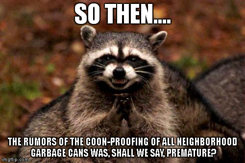 Evil Plotting Raccoon | SO THEN.... THE RUMORS OF THE COON-PROOFING OF ALL NEIGHBORHOOD GARBAGE CANS WAS, SHALL WE SAY, PREMATURE? | image tagged in memes,evil plotting raccoon | made w/ Imgflip meme maker