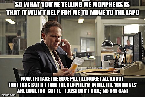 Det. Fusco is contacted by Morpheus and given a choice. Does he opt out or go in for the long haul? | SO WHAT YOU'RE TELLING ME MORPHEUS IS THAT IT WON'T HELP FOR ME TO MOVE TO THE LAPD; NOW, IF I TAKE THE BLUE PILL I'LL FORGET ALL ABOUT THAT FROG BUT IF I TAKE THE RED PILL I'M IN TILL THE 'MACHINES' ARE DONE FOR; GOT IT.    I JUST CAN'T HIDE;  NO ONE CAN! | image tagged in det fusco 101,memes,kermit the frog,matrix morpheus,kermit vs connery,snitch | made w/ Imgflip meme maker