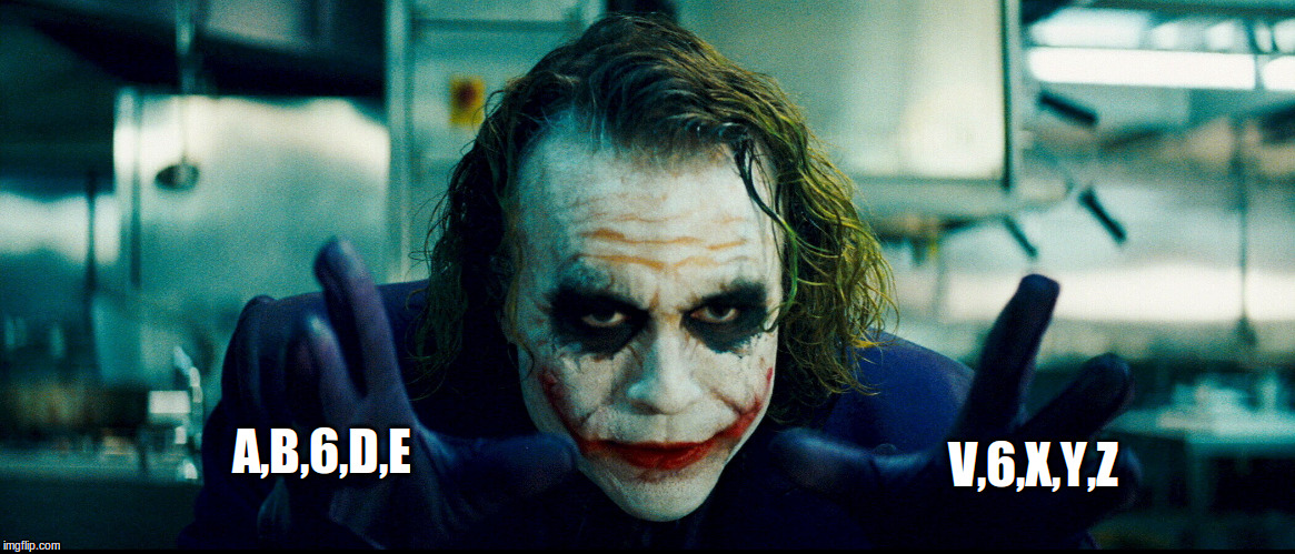Joker's Deadly Sequence | V,6,X,Y,Z; A,B,6,D,E | image tagged in jokerdeadlychoices | made w/ Imgflip meme maker