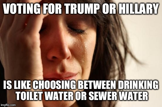 Nobody likes the candidates. Meanwhile, far, far away, in Sanders HQ... | VOTING FOR TRUMP OR HILLARY; IS LIKE CHOOSING BETWEEN DRINKING TOILET WATER OR SEWER WATER | image tagged in memes,first world problems | made w/ Imgflip meme maker