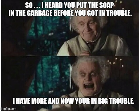 SO . . . I HEARD YOU PUT THE SOAP IN THE GARBAGE BEFORE YOU GOT IN TROUBLE. I HAVE MORE AND NOW YOUR IN BIG TROUBLE. | image tagged in soap,big trouble | made w/ Imgflip meme maker