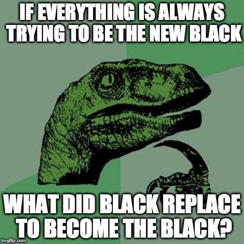 Philosoraptor | IF EVERYTHING IS ALWAYS TRYING TO BE THE NEW BLACK; WHAT DID BLACK REPLACE TO BECOME THE BLACK? | image tagged in memes,philosoraptor | made w/ Imgflip meme maker