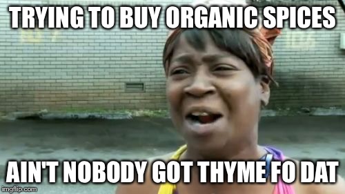 Ain't Nobody Got Time For That Meme | TRYING TO BUY ORGANIC SPICES AIN'T NOBODY GOT THYME FO DAT | image tagged in memes,aint nobody got time for that | made w/ Imgflip meme maker