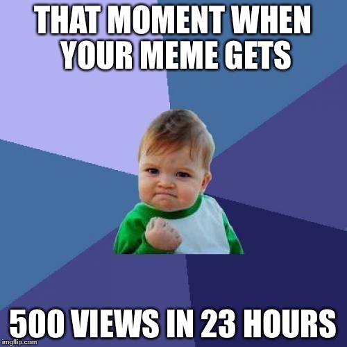 Success Kid | THAT MOMENT WHEN YOUR MEME GETS; 500 VIEWS IN 23 HOURS | image tagged in memes,success kid | made w/ Imgflip meme maker