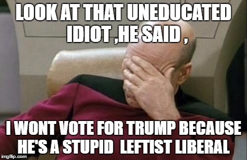 Captain Picard Facepalm | LOOK AT THAT UNEDUCATED  IDIOT ,HE SAID , I WONT VOTE FOR TRUMP BECAUSE HE'S A STUPID  LEFTIST LIBERAL | image tagged in memes,captain picard facepalm | made w/ Imgflip meme maker