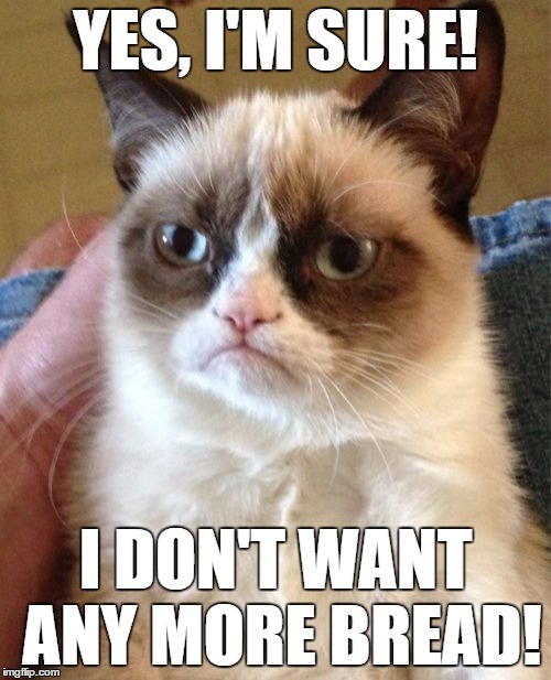 At a french resaurant like: | YES, I'M SURE! I DON'T WANT ANY MORE BREAD! | image tagged in memes,grumpy cat | made w/ Imgflip meme maker