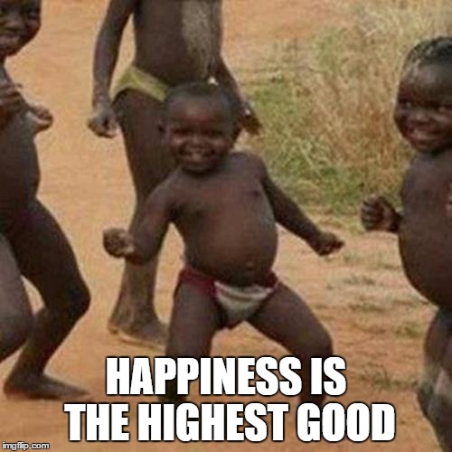 Third World Success Kid | HAPPINESS IS THE HIGHEST GOOD | image tagged in memes,third world success kid | made w/ Imgflip meme maker