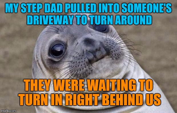 Awkward Moment Sealion Meme | MY STEP DAD PULLED INTO SOMEONE'S DRIVEWAY TO TURN AROUND; THEY WERE WAITING TO TURN IN RIGHT BEHIND US | image tagged in memes,awkward moment sealion | made w/ Imgflip meme maker