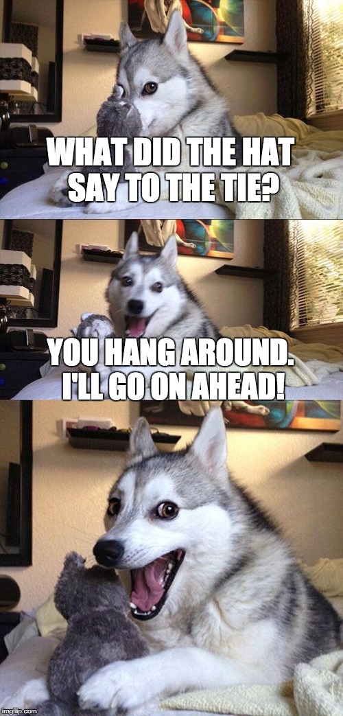 Bad Pun Dog Meme | WHAT DID THE HAT SAY TO THE TIE? YOU HANG AROUND. I'LL GO ON AHEAD! | image tagged in memes,bad pun dog | made w/ Imgflip meme maker