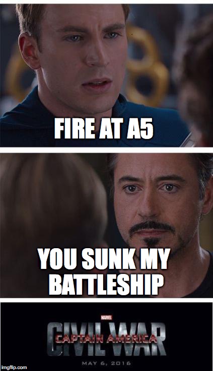 Marvel Board Game Night | FIRE AT A5; YOU SUNK MY BATTLESHIP | image tagged in memes,marvel civil war 1 | made w/ Imgflip meme maker