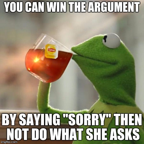 But That's None Of My Business Meme | YOU CAN WIN THE ARGUMENT BY SAYING "SORRY" THEN NOT DO WHAT SHE ASKS | image tagged in memes,but thats none of my business,kermit the frog | made w/ Imgflip meme maker