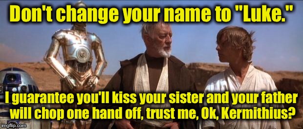 Mos Eisley | Don't change your name to "Luke." I guarantee you'll kiss your sister and your father will chop one hand off, trust me, Ok, Kermithius? | image tagged in mos eisley | made w/ Imgflip meme maker