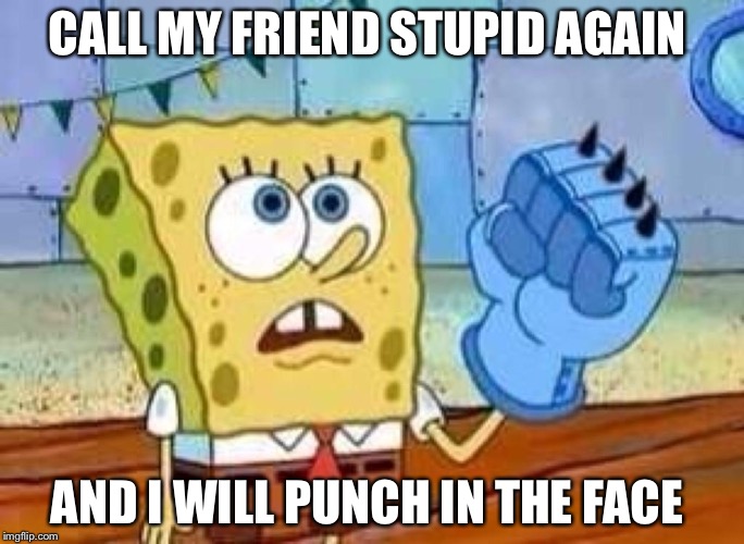 spongebob fist | CALL MY FRIEND STUPID AGAIN; AND I WILL PUNCH IN THE FACE | image tagged in spongebob fist | made w/ Imgflip meme maker