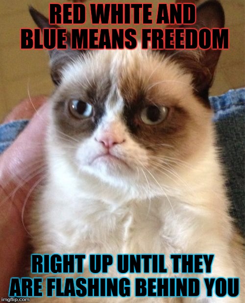 Grumpy Cat | RED WHITE AND BLUE MEANS FREEDOM; RIGHT UP UNTIL THEY ARE FLASHING BEHIND YOU | image tagged in memes,grumpy cat | made w/ Imgflip meme maker